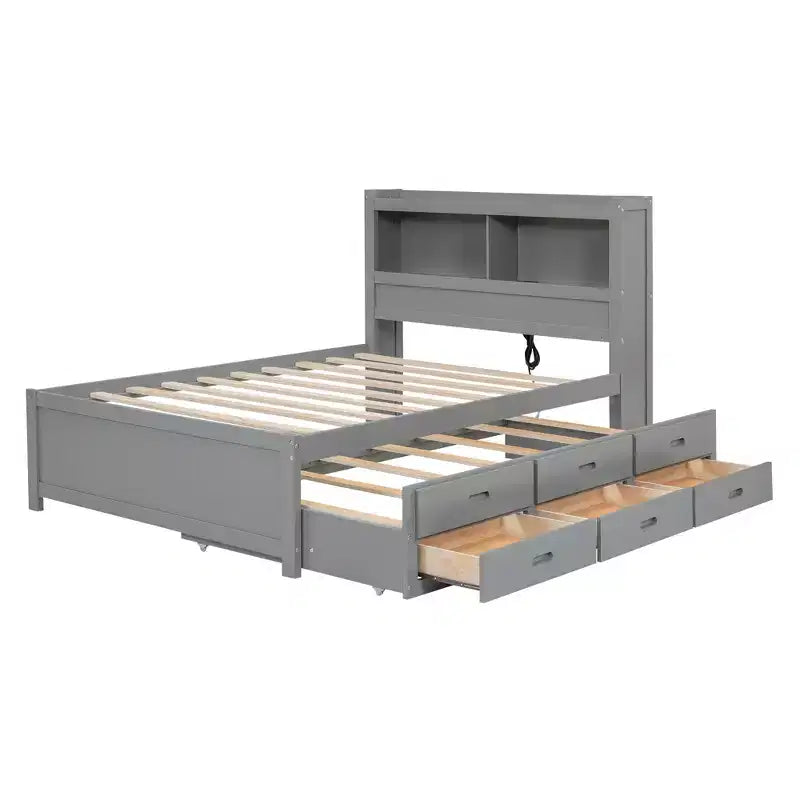 Letto a piattaforma intera in legno Whisen con letto estraibile, cassetti e prese USB