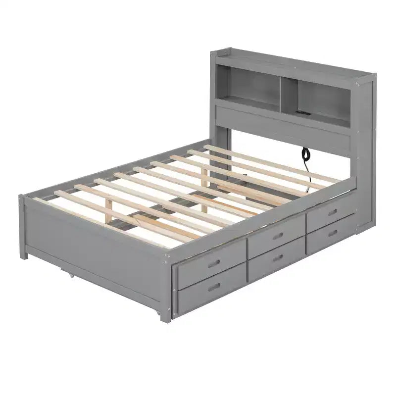 Letto a piattaforma intera in legno Whisen con letto estraibile, cassetti e prese USB