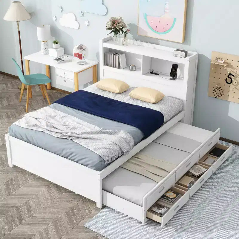 Letto a piattaforma intera in legno Whisen con letto estraibile, cassetti e prese USB