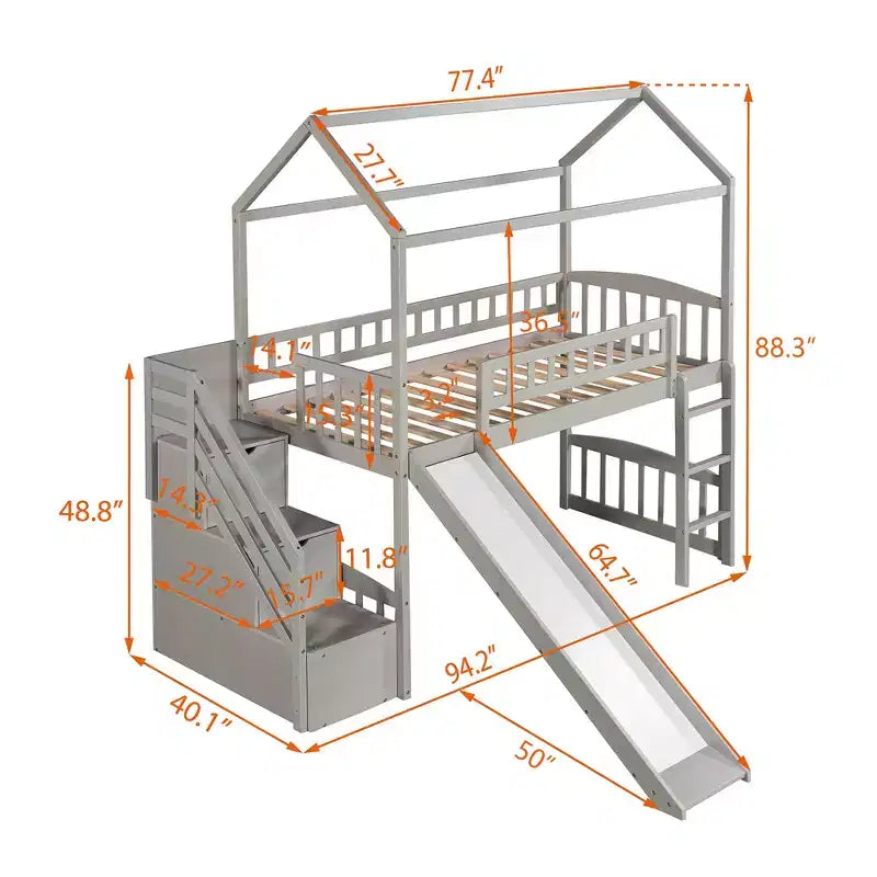 Whisen 94.20''L  93.30''W Twin Size Wood Loft Bed House Bed with Two Drawers and Slide