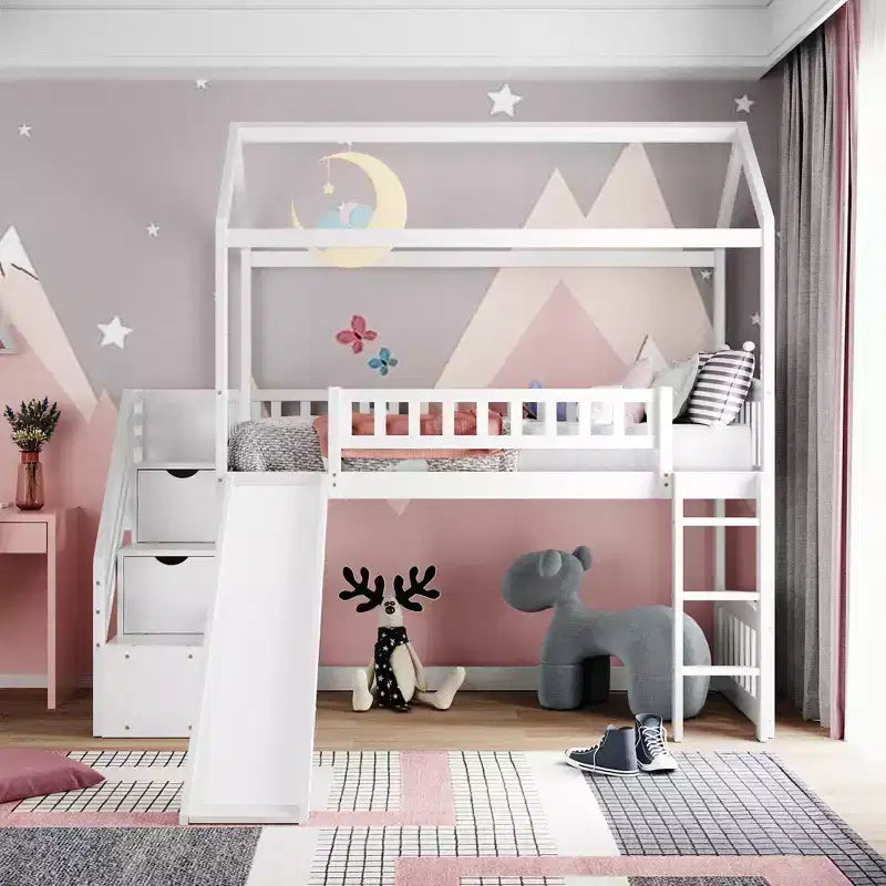Whisen 94.20''L  93.30''W Twin Size Wood Loft Bed House Bed with Two Drawers and Slide