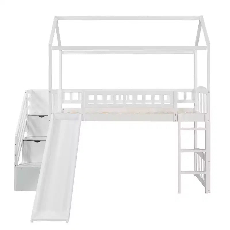 Whisen 94.20''L  93.30''W Twin Size Wood Loft Bed House Bed with Two Drawers and Slide