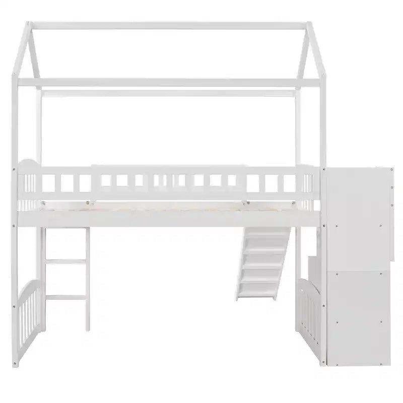 Whisen 94.20''L  93.30''W Twin Size Wood Loft Bed House Bed with Two Drawers and Slide