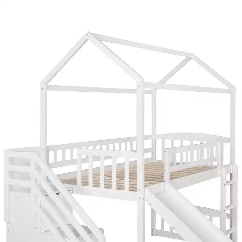 Whisen 94.20''L  93.30''W Twin Size Wood Loft Bed House Bed with Two Drawers and Slide