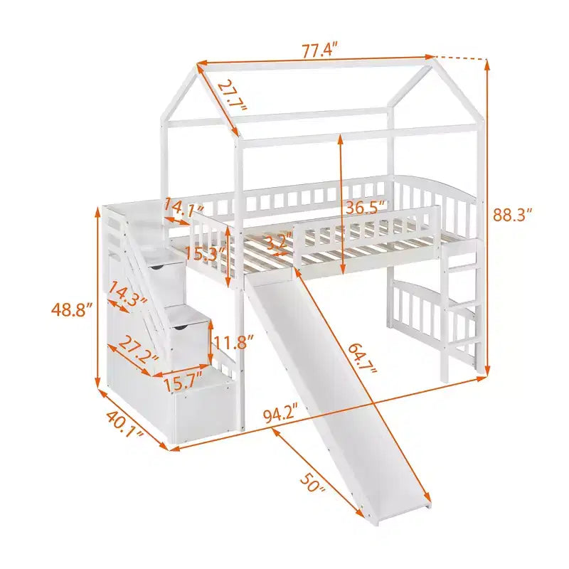 Whisen 94.20''L  93.30''W Twin Size Wood Loft Bed House Bed with Two Drawers and Slide