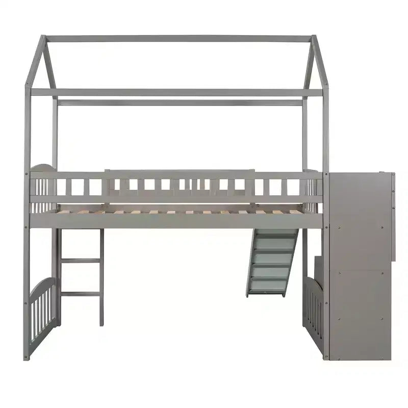 Whisen 94.20''L  93.30''W Twin Size Wood Loft Bed House Bed with Two Drawers and Slide