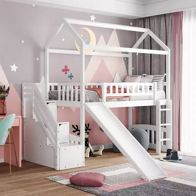 Whisen 94.20''L 93.30''W Letto a soppalco in legno con due cassetti e scivolo, dimensione "Twin"