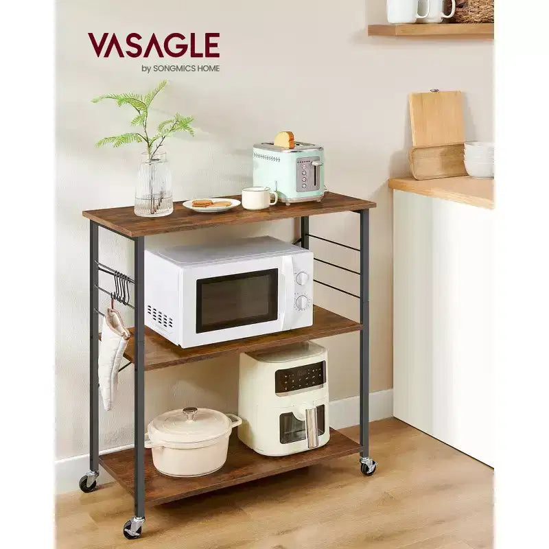 Rustic Brown & Black Industrial - Style Kitchen Cart on Wheels - 3 - Shelf Serving Cart with 6 Hooks. Ideal for Microwave, Mini Oven, Toaster