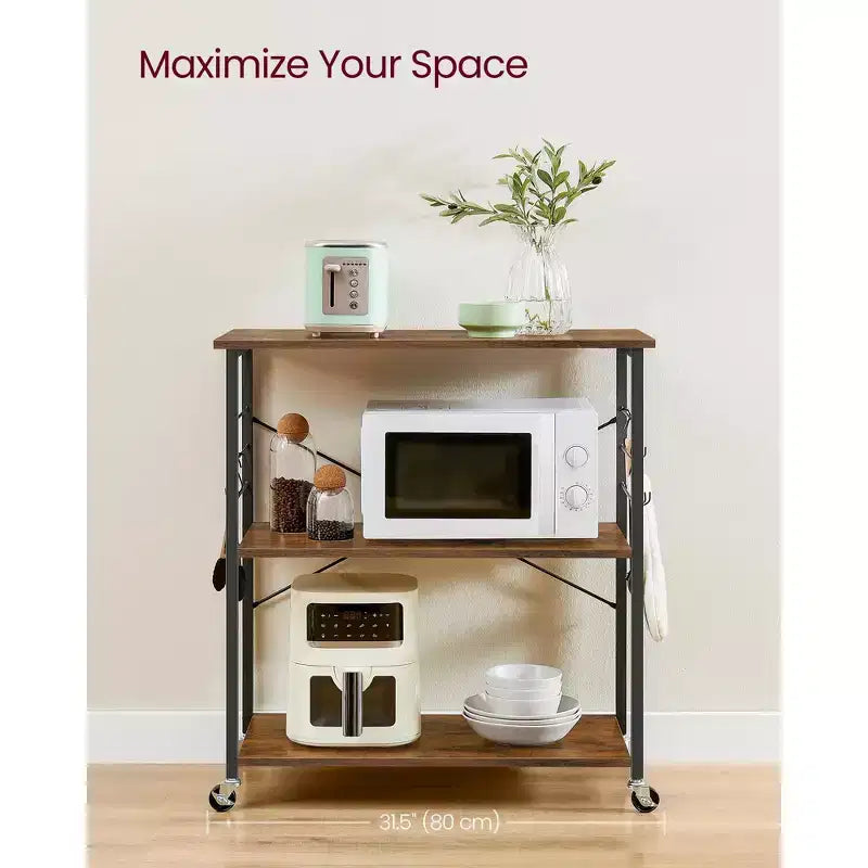 Rustic Brown & Black Industrial - Style Kitchen Cart on Wheels - 3 - Shelf Serving Cart with 6 Hooks. Ideal for Microwave, Mini Oven, Toaster