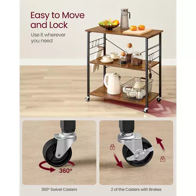 Rustic Brown & Black Industrial - Style Kitchen Cart on Wheels - 3 - Shelf Serving Cart with 6 Hooks. Ideal for Microwave, Mini Oven, Toaster
