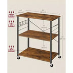 Rustic Brown & Black Industrial - Style Kitchen Cart on Wheels - 3 - Shelf Serving Cart with 6 Hooks. Ideal for Microwave, Mini Oven, Toaster