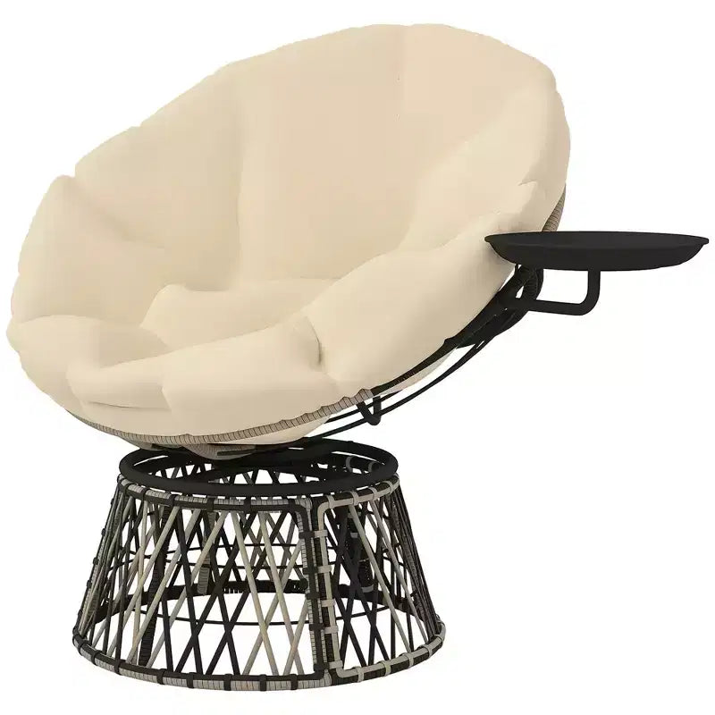 Outsunny 39 Outdoor Papasan Chair with Side Tray, 360 Swivel Overstuffed Circle Chair with Thickened Cushion, Steel Frame for Indoor, Patio, Beige