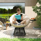 Outsunny Papasan - Sedia da esterno da 99 cm con vassoio laterale, sedia circolare imbottita girevole a 360° con cuscino spesso, struttura in acciaio per interni, patio, beige