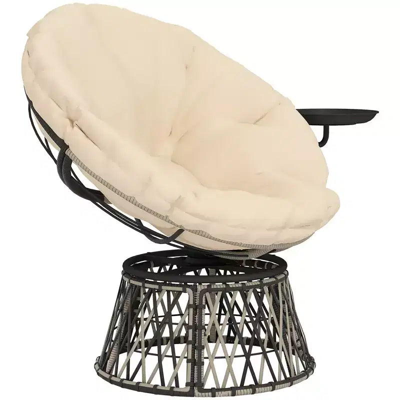 Outsunny Papasan - Sedia da esterno da 99 cm con vassoio laterale, sedia circolare imbottita girevole a 360° con cuscino spesso, struttura in acciaio per interni, patio, beige