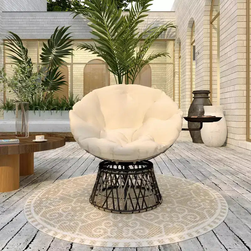 Outsunny Papasan - Sedia da esterno da 99 cm con vassoio laterale, sedia circolare imbottita girevole a 360° con cuscino spesso, struttura in acciaio per interni, patio, beige