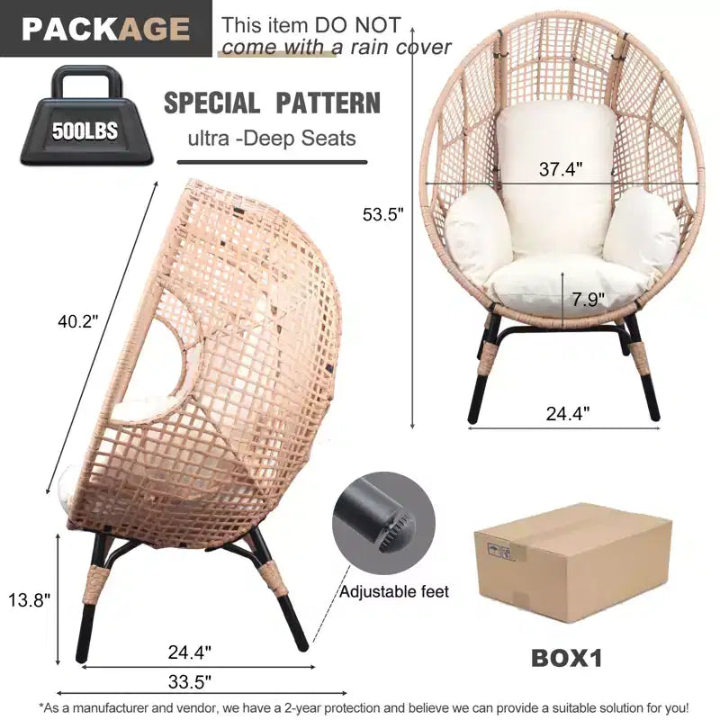 Whisen 37.4 in. W 1-Person PE Wicker Patio Egg Chair Patio Swings Chair with Cushion