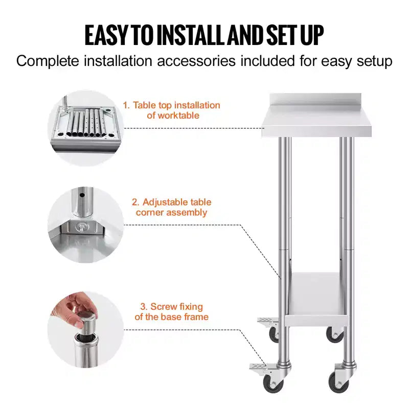 VEVOR 24 x 15 x 40 Inch Stainless Steel Work Table, Commercial Food Prep Worktable with Casters, Heavy Duty Prep Worktable, Metal Work Table