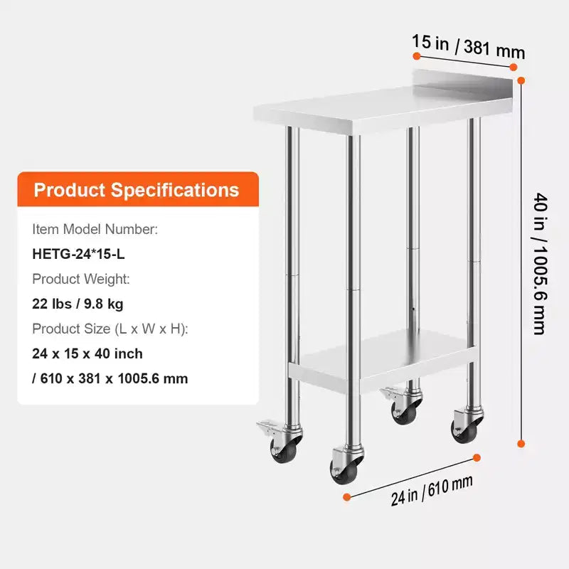 VEVOR 24 x 15 x 40 Inch Stainless Steel Work Table, Commercial Food Prep Worktable with Casters, Heavy Duty Prep Worktable, Metal Work Table