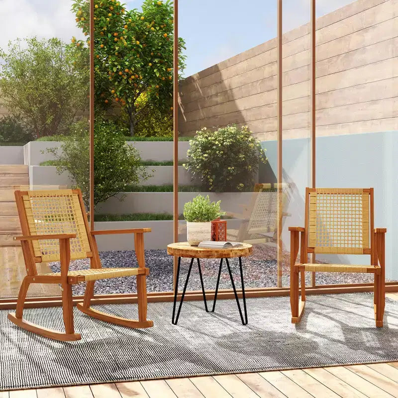 Outsunny Outdoor Rocking Chair Set of 2, Acacia Wood Outdoor Rockers with Wicker Back and Seat, Khaki
