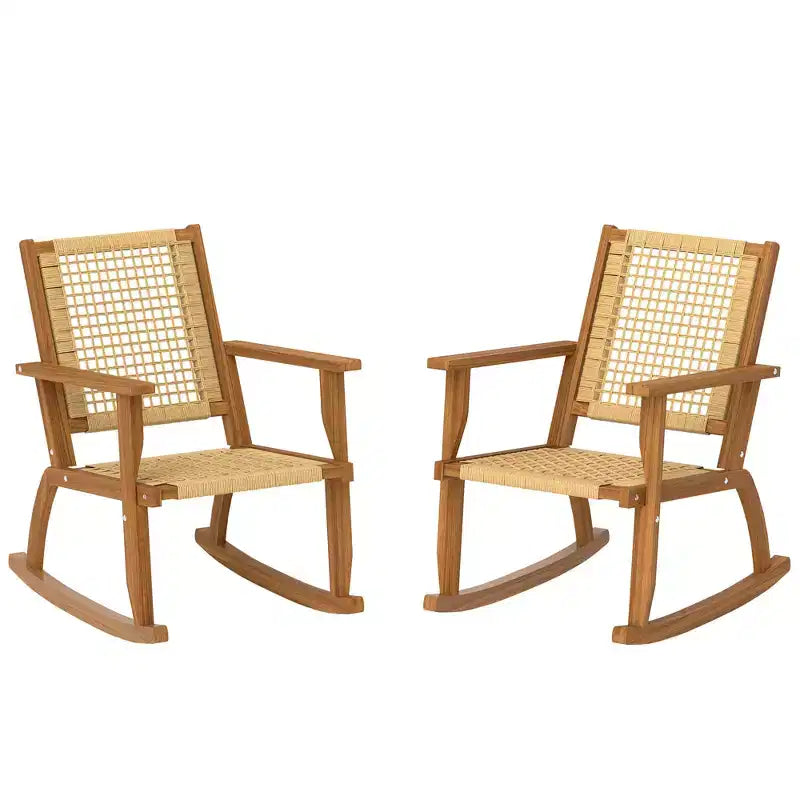 Outsunny Outdoor Rocking Chair Set of 2, Acacia Wood Outdoor Rockers with Wicker Back and Seat, Khaki