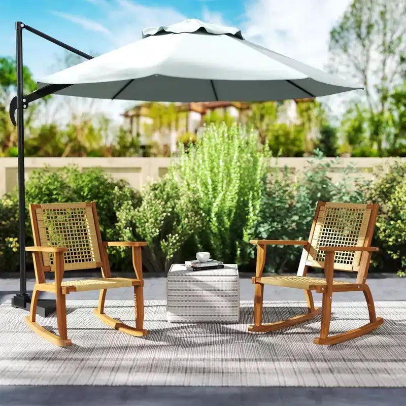 Outsunny Outdoor Rocking Chair Set of 2, Acacia Wood Outdoor Rockers with Wicker Back and Seat, Khaki