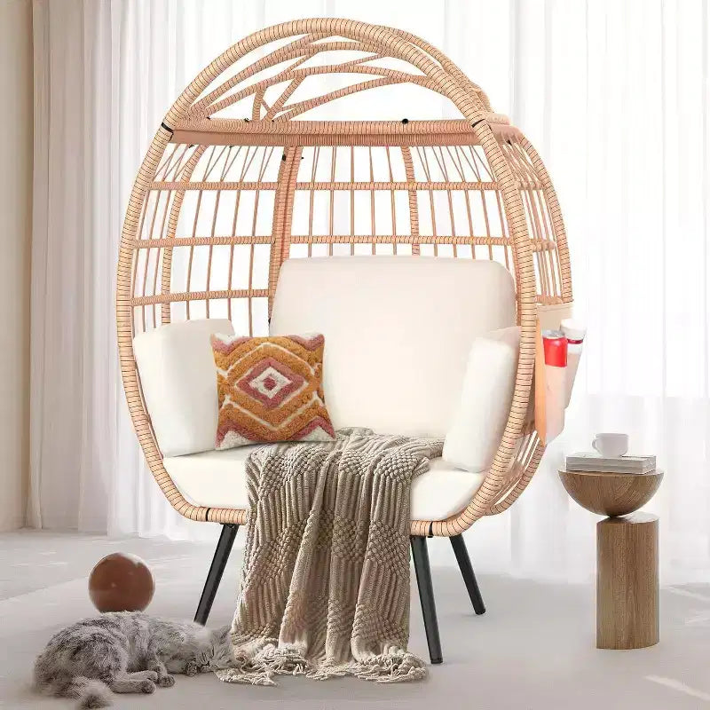 Poltrona a uovo oversize con cuscini resistenti ai raggi UV, vimini per tutte le stagioni per interni/esterni, capacità 167 kg, bianca