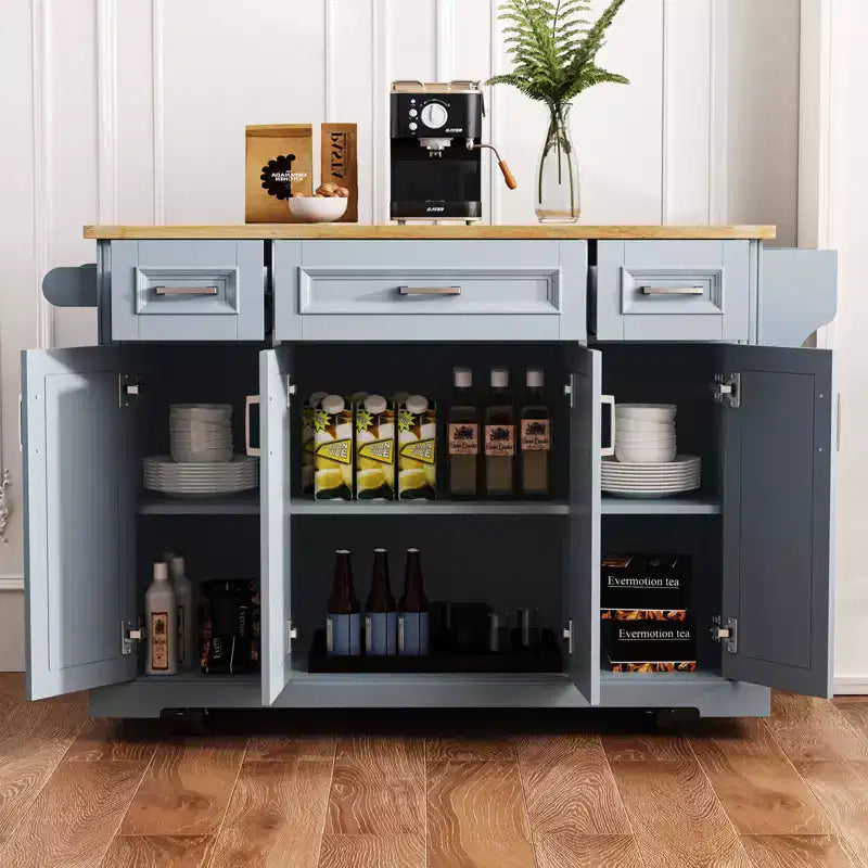 Isola da cucina Whisen 54 con piano ribaltabile in legno di gomma, carrello da cucina su ruote con trama in rilievo e svariate opzioni di archiviazione