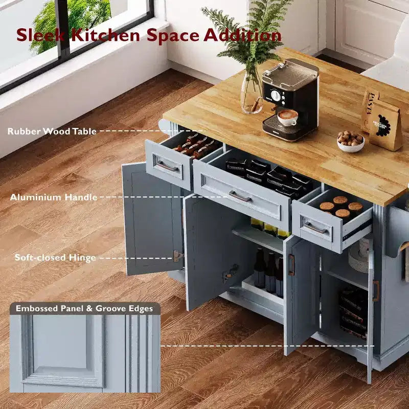 Isola da cucina Whisen 54 con piano ribaltabile in legno di gomma, carrello da cucina su ruote con trama in rilievo e svariate opzioni di archiviazione