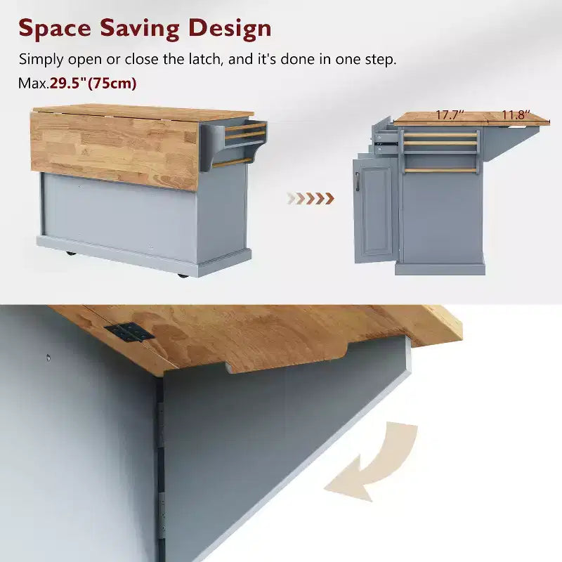 Isola da cucina Whisen 54 con piano ribaltabile in legno di gomma, carrello da cucina su ruote con trama in rilievo e svariate opzioni di archiviazione