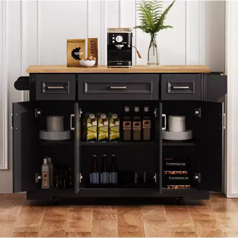 Isola da cucina Whisen 54 con piano ribaltabile in legno di gomma, carrello da cucina su ruote con trama in rilievo e svariate opzioni di archiviazione