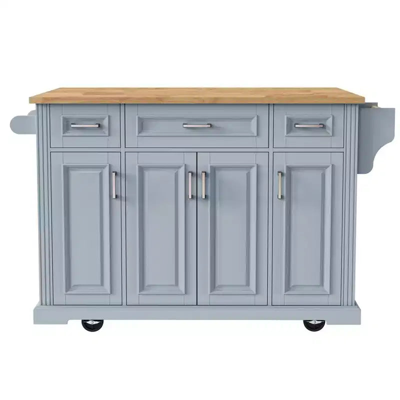 Isola da cucina Whisen 54 con piano ribaltabile in legno di gomma, carrello da cucina su ruote con trama in rilievo e svariate opzioni di archiviazione