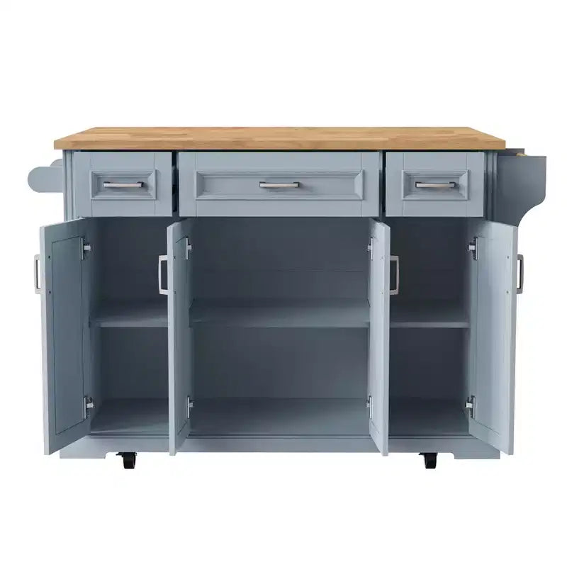 Isola da cucina Whisen 54 con piano ribaltabile in legno di gomma, carrello da cucina su ruote con trama in rilievo e svariate opzioni di archiviazione