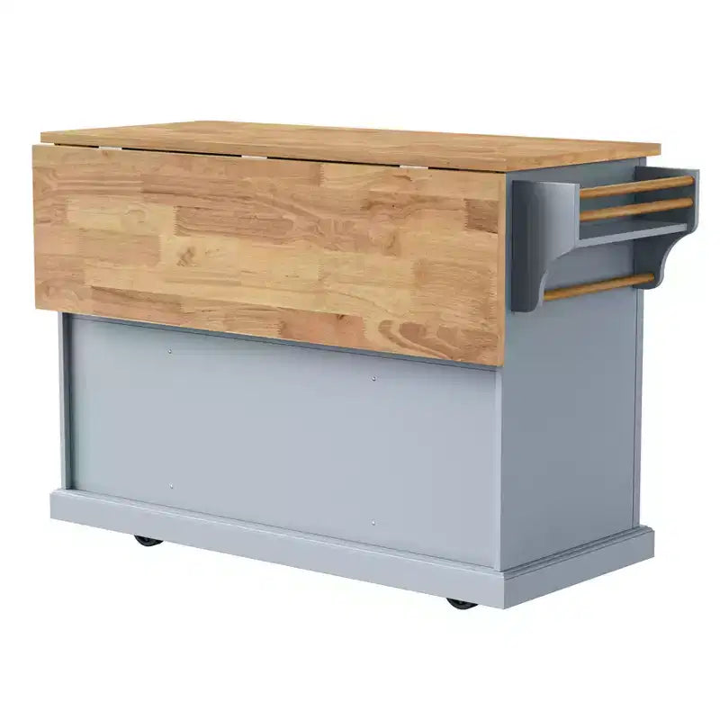 Isola da cucina Whisen 54 con piano ribaltabile in legno di gomma, carrello da cucina su ruote con trama in rilievo e svariate opzioni di archiviazione
