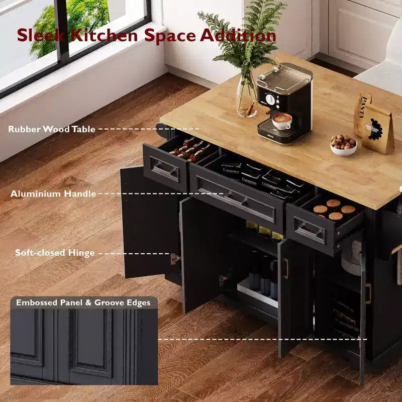 Isola da cucina Whisen 54 con piano ribaltabile in legno di gomma, carrello da cucina su ruote con trama in rilievo e svariate opzioni di archiviazione