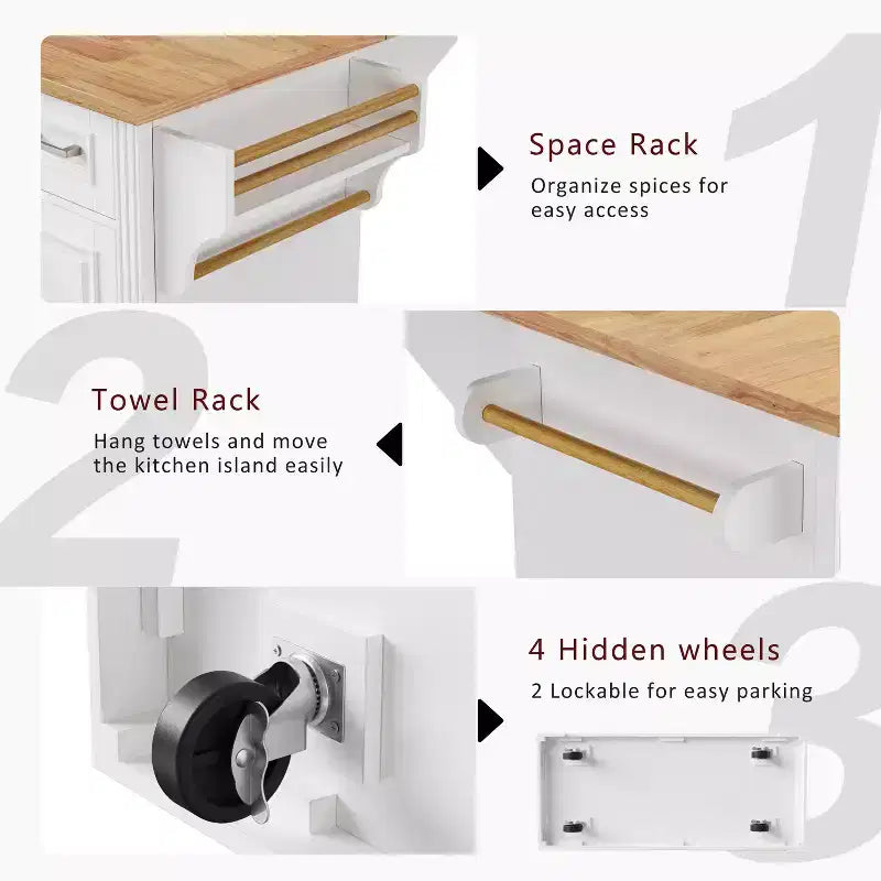 Isola da cucina Whisen 54 con piano ribaltabile in legno di gomma, carrello da cucina su ruote con trama in rilievo e svariate opzioni di archiviazione
