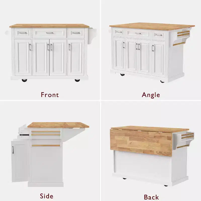Isola da cucina Whisen 54 con piano ribaltabile in legno di gomma, carrello da cucina su ruote con trama in rilievo e svariate opzioni di archiviazione