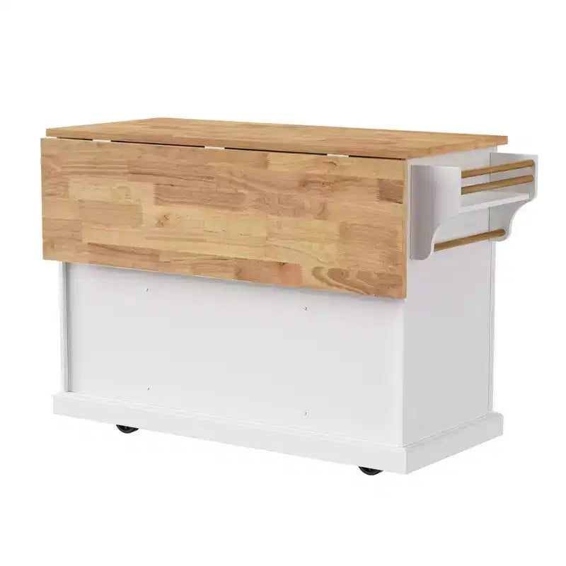 Isola da cucina Whisen 54 con piano ribaltabile in legno di gomma, carrello da cucina su ruote con trama in rilievo e svariate opzioni di archiviazione