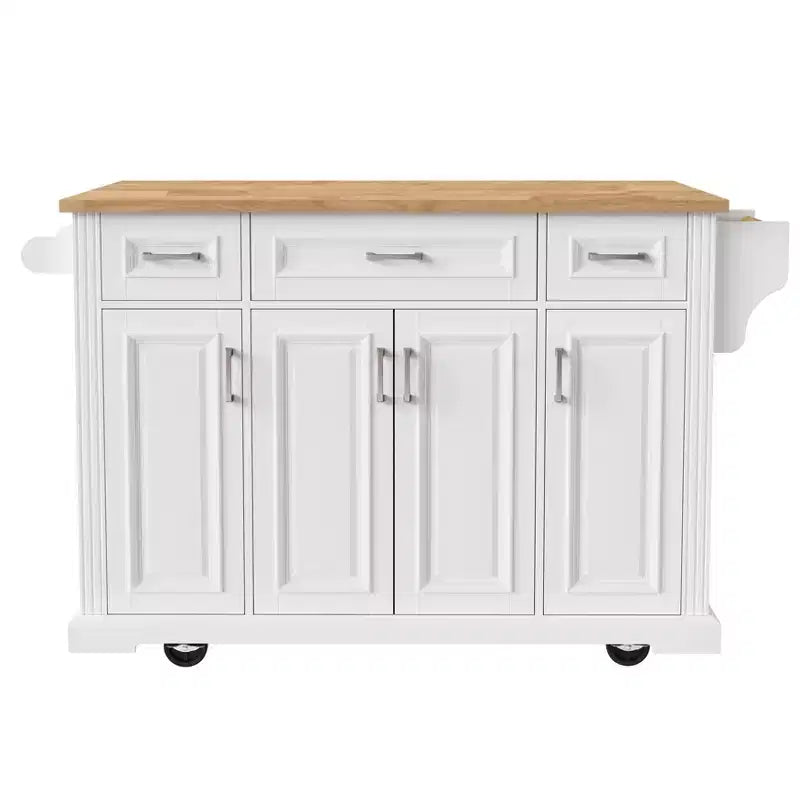 Isola da cucina Whisen 54 con piano ribaltabile in legno di gomma, carrello da cucina su ruote con trama in rilievo e svariate opzioni di archiviazione