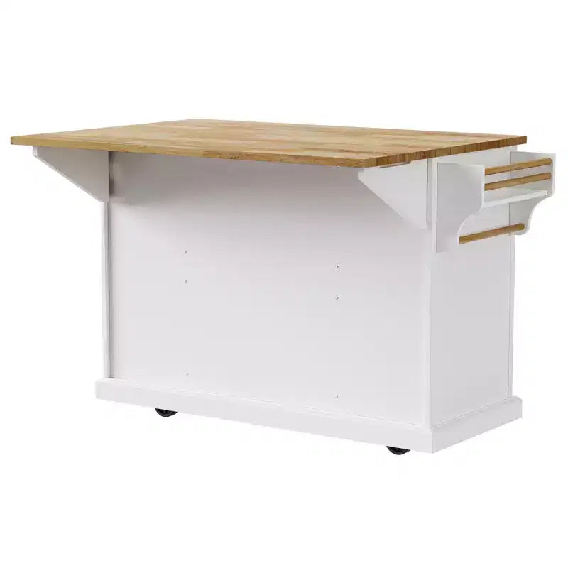 Isola da cucina Whisen 54 con piano ribaltabile in legno di gomma, carrello da cucina su ruote con trama in rilievo e svariate opzioni di archiviazione