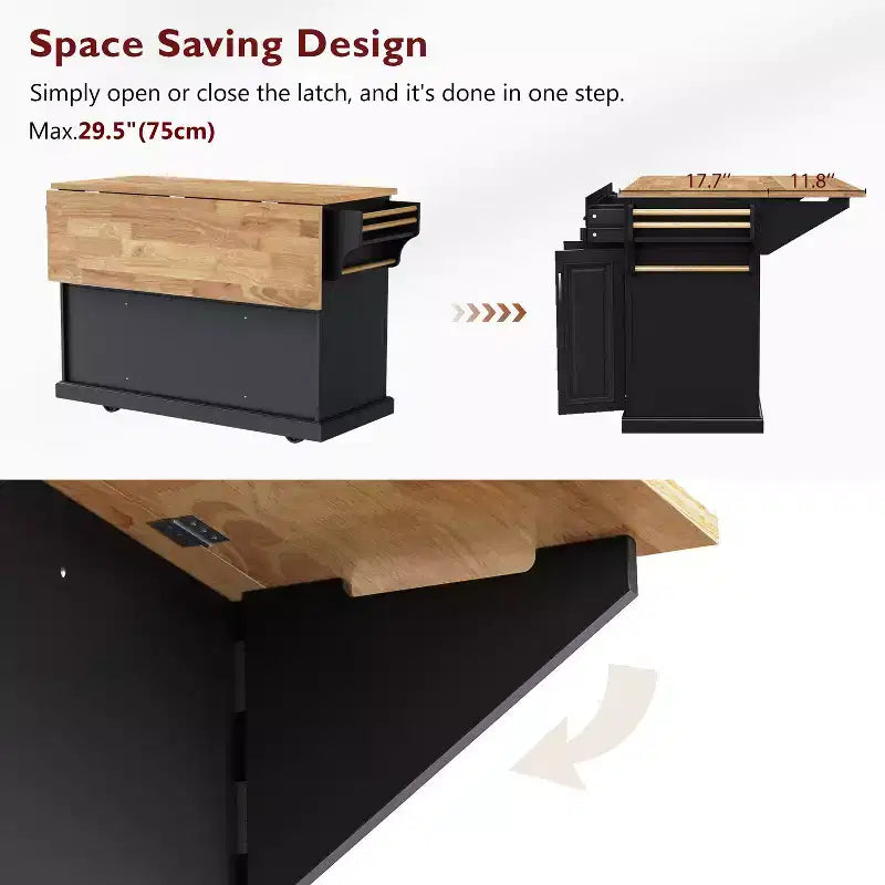 Isola da cucina Whisen 54 con piano ribaltabile in legno di gomma, carrello da cucina su ruote con trama in rilievo e svariate opzioni di archiviazione