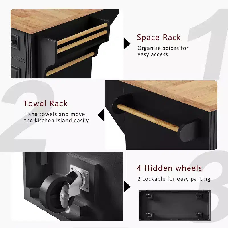 Isola da cucina Whisen 54 con piano ribaltabile in legno di gomma, carrello da cucina su ruote con trama in rilievo e svariate opzioni di archiviazione