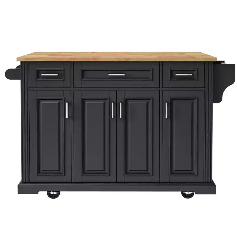 Isola da cucina Whisen 54 con piano ribaltabile in legno di gomma, carrello da cucina su ruote con trama in rilievo e svariate opzioni di archiviazione