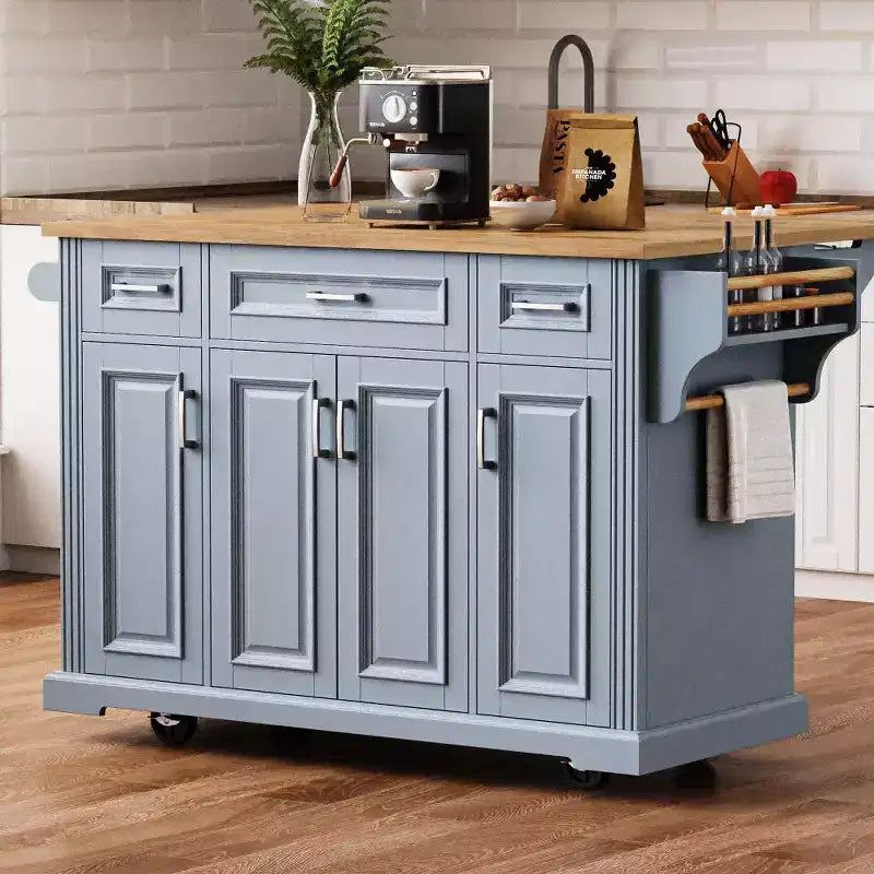 Isola da cucina Whisen 54 con piano ribaltabile in legno di gomma, carrello da cucina su ruote con trama in rilievo e svariate opzioni di archiviazione