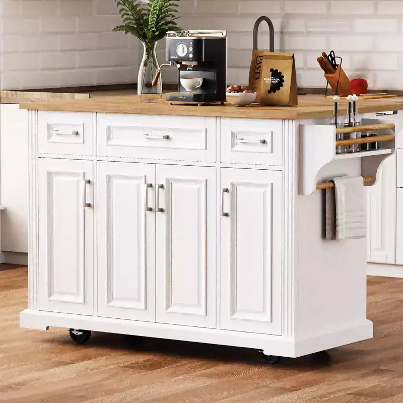 Isola da cucina Whisen 54 con piano ribaltabile in legno di gomma, carrello da cucina su ruote con trama in rilievo e svariate opzioni di archiviazione
