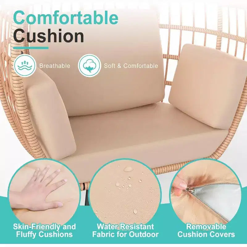 Poltrona a Uovo Extra Large con Cuscini Resistenti ai Raggi UV, Rattan Sintetico per Interni/Esterni, Capacità 168 kg, Beige