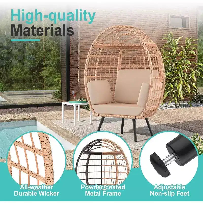 Poltrona a Uovo Extra Large con Cuscini Resistenti ai Raggi UV, Rattan Sintetico per Interni/Esterni, Capacità 168 kg, Beige