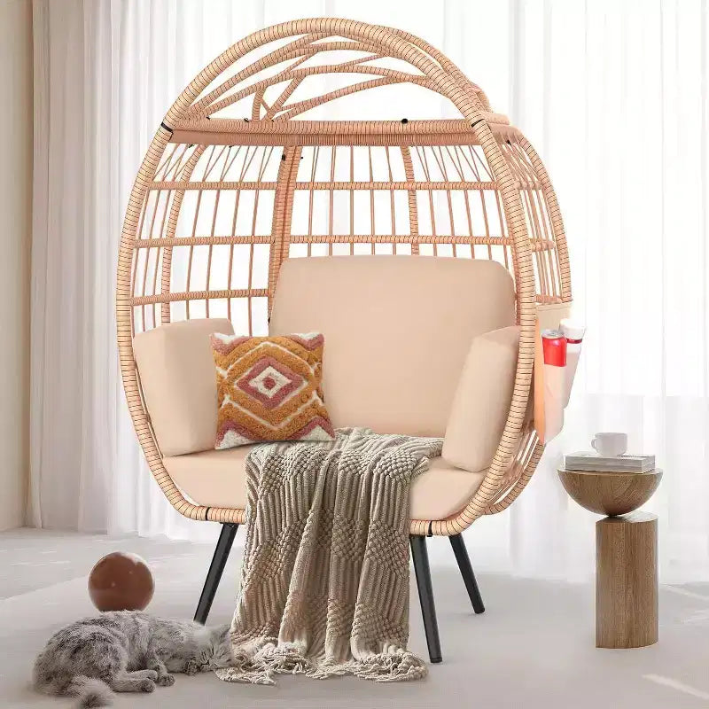 Poltrona a Uovo Extra Large con Cuscini Resistenti ai Raggi UV, Rattan Sintetico per Interni/Esterni, Capacità 168 kg, Beige