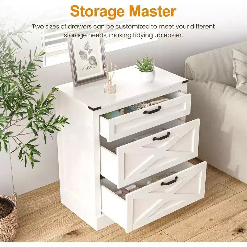 Heynemo Comodino Largo per Camera da Letto, Comodino a X in Legno con 3 Cassetti, Tavolino d'Appoggio Stile Rustico con Cassetti, Tavolino da Notte per Casa, Bianco