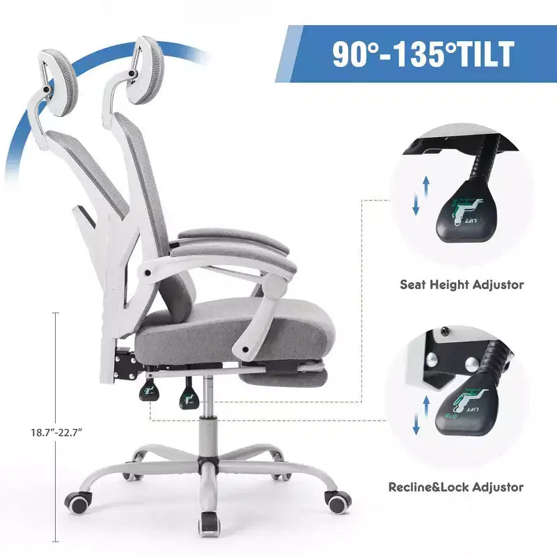 JIONJOY Sedia Gaming Ergonomica in Rete con Poggiapiedi - Reclinabile da 90 a 135 Gradi, Supporto Lombare e Poggiatesta Regolabili