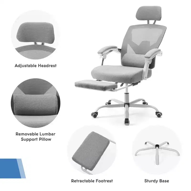 JIONJOY Sedia Gaming Ergonomica in Rete con Poggiapiedi - Reclinabile da 90 a 135 Gradi, Supporto Lombare e Poggiatesta Regolabili